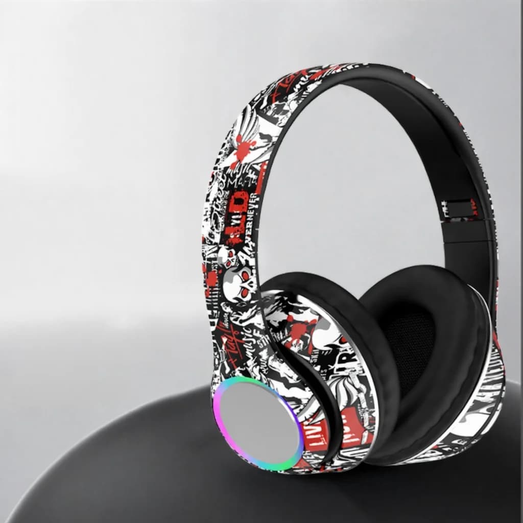 Graffiti över-örat Bluetooth-hörlurar med LED-ljus och djup bas