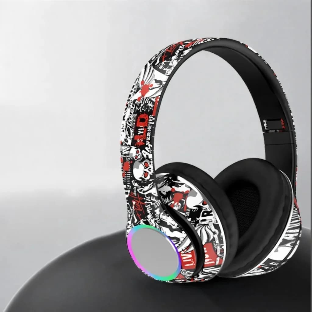 Graffiti över-örat Bluetooth-hörlurar med LED-ljus och djup bas