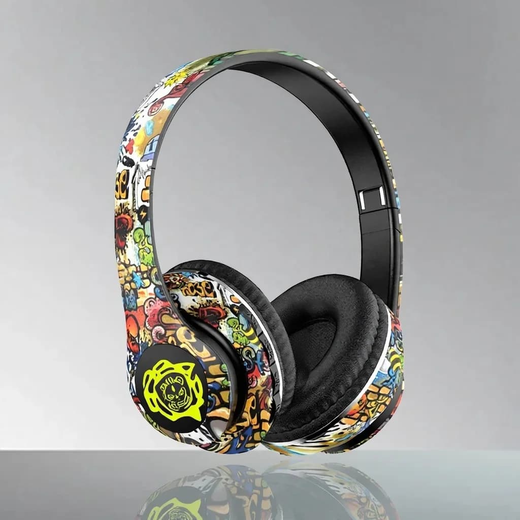 Trådlösa Bluetooth-hörlurar Öronkåpor Graffitidesign Hopfällbara