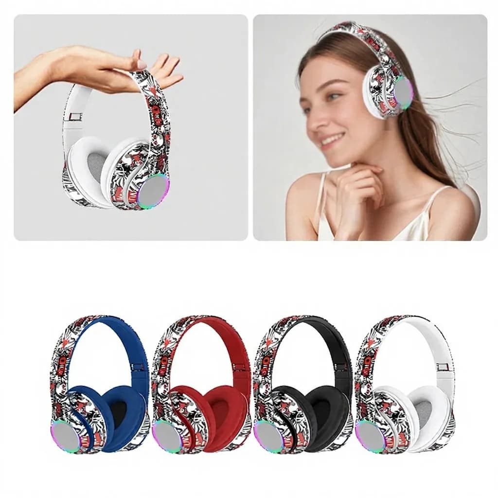 Graffiti över-örat Bluetooth-hörlurar med LED-ljus och djup bas