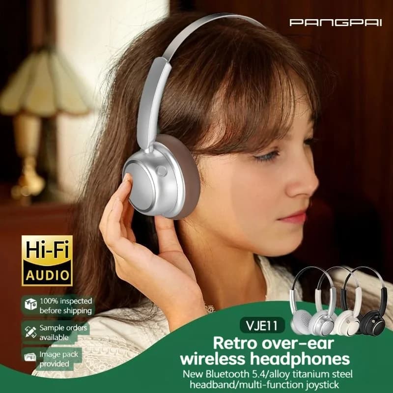 Retro trådlösa Bluetooth-hörlurar med metallhuvudband och lång batteritid