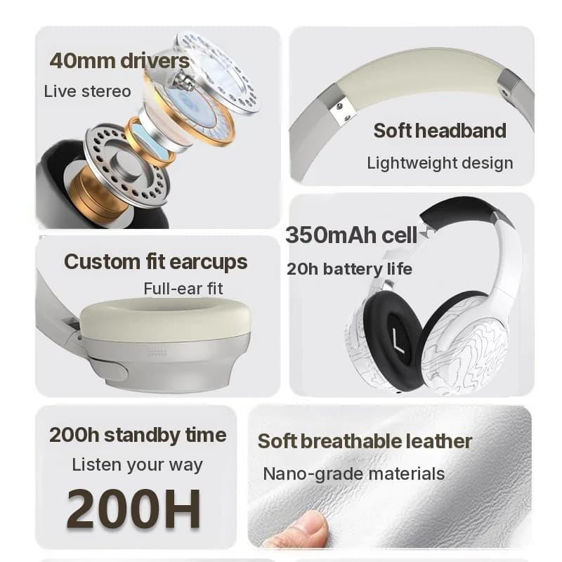 Trådlösa Bluetooth-hörlurar (över örat) med Multi-EQ och lång batteritid