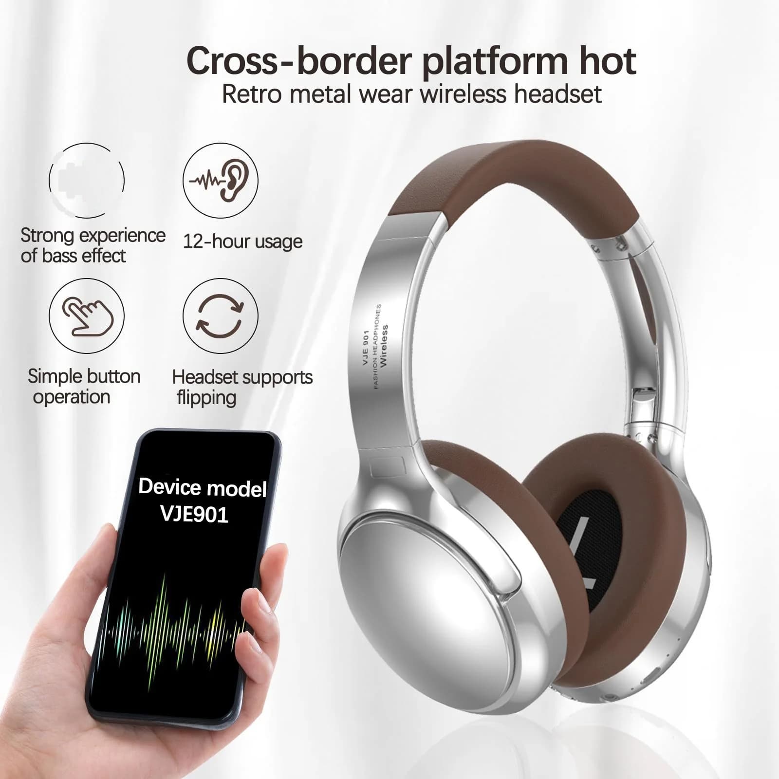Retro trådlösa Bluetooth-hörlurar över örat med mikrofon