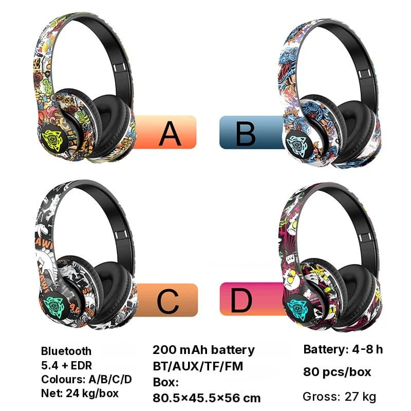 Trådlösa Bluetooth-hörlurar (över örat) med graffiti-design, hopfällbara